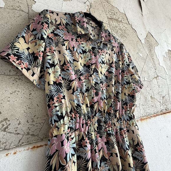 Vintage Floral Button Front Midi Dress Pastel Tropical Print Size M - Picture 4 of 7